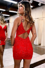 Bodycon Spaghetti Straps Red Homecoming Dress With Aqqliques TN415