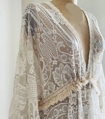 Boho Ivory Lace Wedding Dress With Fringe Maternity Wedding Dress Bell Sleeve Wedding Dress Boho Wedding Dress Photoshoot Dress Bride Dress