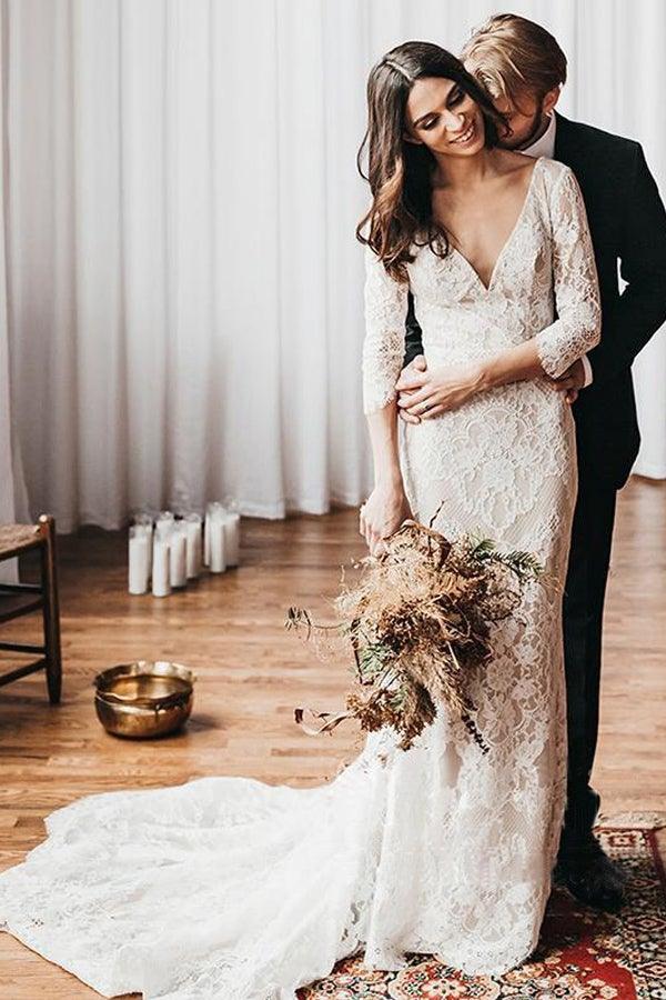 Boho Lace V Neck Long Sleeve Mermaid Rustic Wedding Dresses TN368