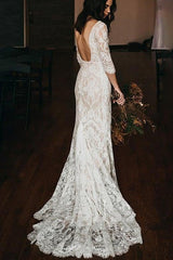 Boho Lace V Neck Long Sleeve Mermaid Rustic Wedding Dresses TN368
