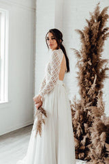 Boho Wedding Dresses Jewel Neck Lace A Line Long Sleeves Bridal Gown TN309