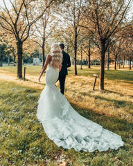 Hot Mermaid Boho White Wedding Dresses Casual Long Sleeveless Court Train