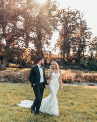 Hot Mermaid Boho White Wedding Dresses Casual Long Sleeveless Court Train