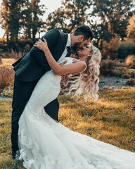 Hot Mermaid Boho White Wedding Dresses Casual Long Sleeveless Court Train
