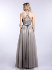 Halter Tulle with Beaded Long Dress Silver