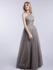 Halter Tulle with Beaded Long Dress Silver
