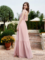 A-Line Bow Ruffle Sleeveless Chiffon Dress Dusty Rose