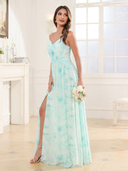 V-neck Spaghetti Straps Bridesmaid Dress With Slit Minty Cloud