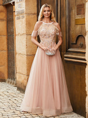 A-line Beads Rhinestones Decor Tulle Dress Pearl Pink