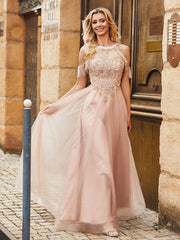 A-line Beads Rhinestones Decor Tulle Dress Pearl Pink