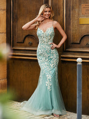 Illusion Lace Corset Top Mermaid Dress Teal