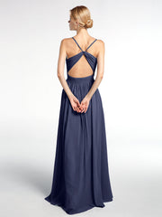 Criss Cross Open Back Chiffon Gown with Spaghetti Strap Stormy