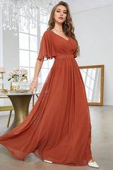A-Line V-Neck Pleated Brick Red Mother of the Bride Dress With Short Sleeves
