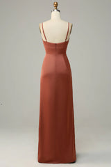 Sheath Straps Spaghetti Satin Bridesmaid Dress With Slit