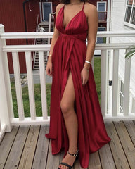 Sexy Plunging Neckline Satin Open Back Slit Dress
