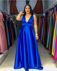 Plus Size Royal Blue Plunging Satin Bridesmaid Dresses