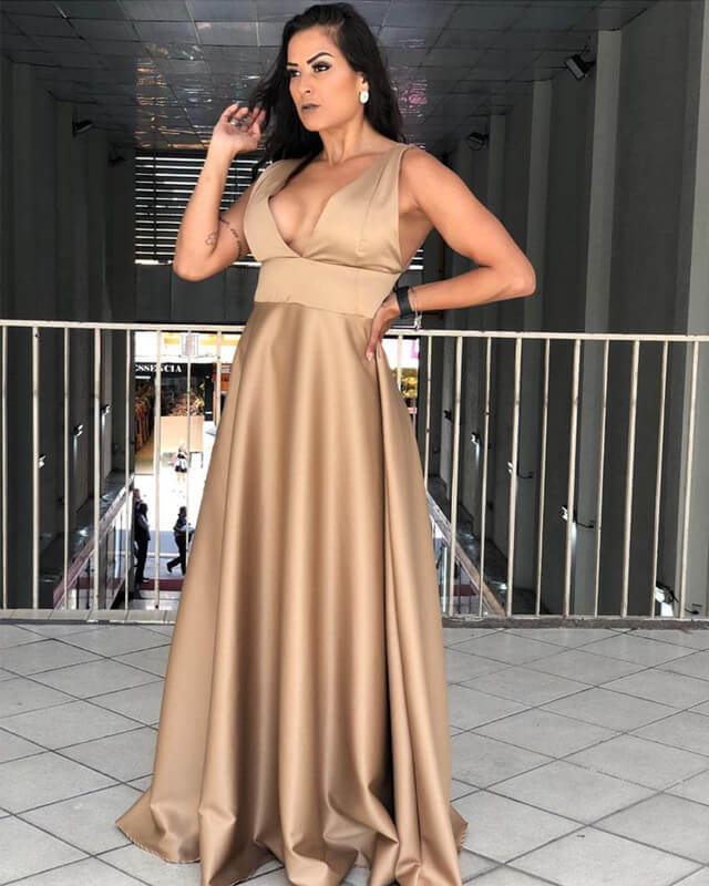 Plus Size Champagne Satin V-neck Bridesmaid Dresses