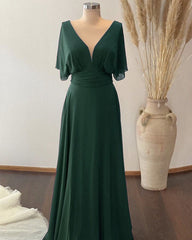 Plunge Neck Flutter Sleeve Chiffon Bridesmaid Dresses
