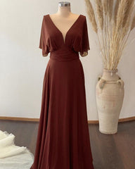 Plunge Neck Flutter Sleeve Chiffon Bridesmaid Dresses