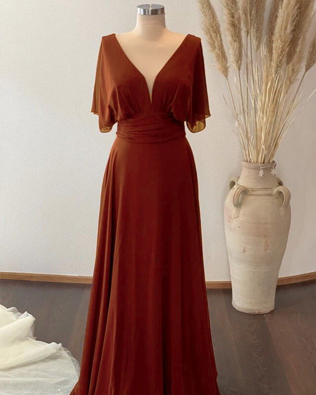Plunge Neck Flutter Sleeve Chiffon Bridesmaid Dresses