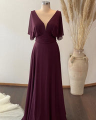 Plunge Neck Flutter Sleeve Chiffon Bridesmaid Dresses