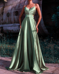 Long Sage Green V Neck Satin Empire Dress
