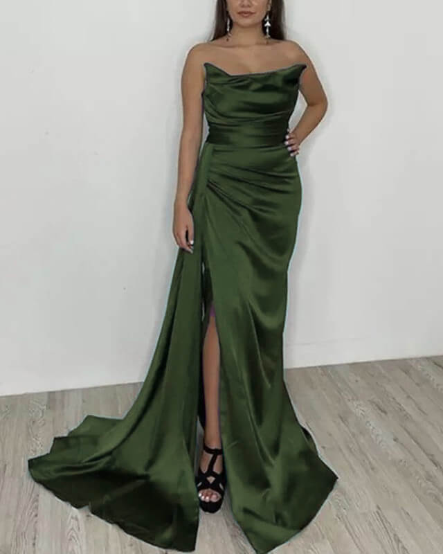 Olive Green Satin Strapless Bridesmaid Dresses