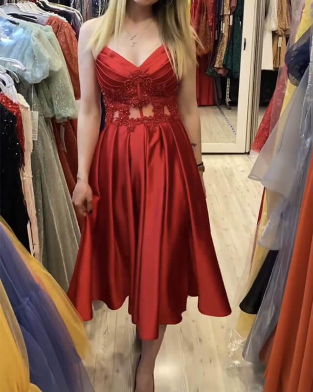 Red V-neck Satin Midi Corset Dress