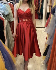 Red V-neck Satin Midi Corset Dress