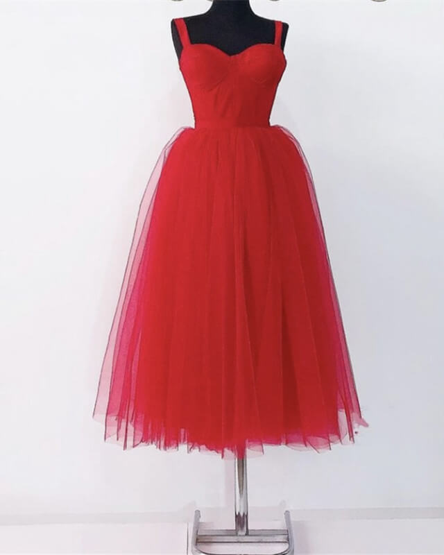 Red Tulle Spaghetti Straps Midi Corset Dress