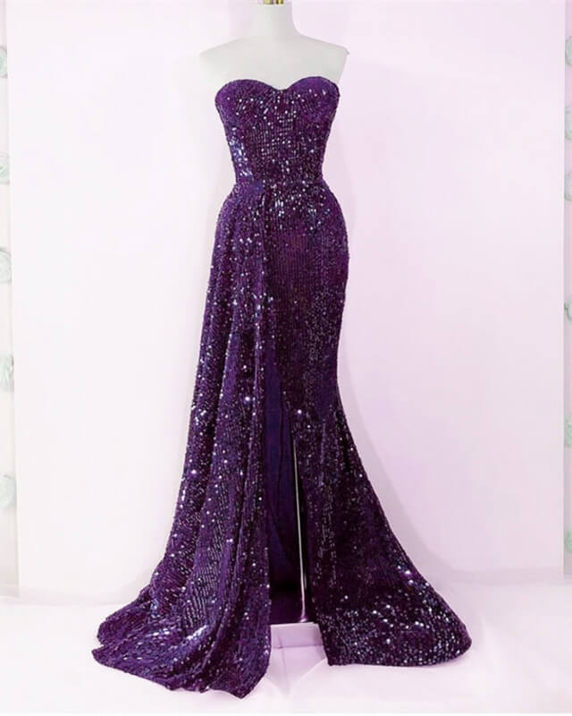 Purple Sweetheart Front Slit Sequin Dress