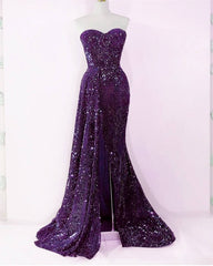 Purple Sweetheart Front Slit Sequin Dress