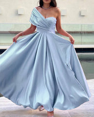 One Shoulder Ankle Length Satin Slit Dress
