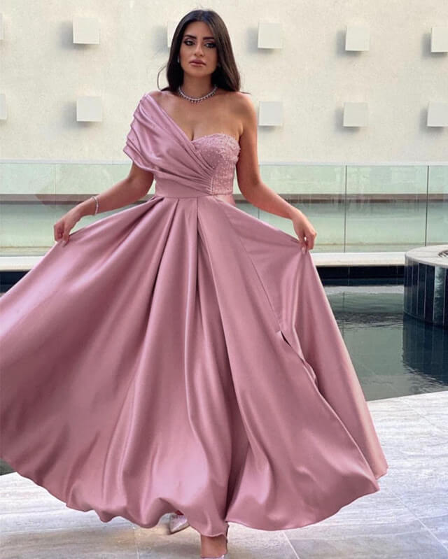 One Shoulder Ankle Length Satin Slit Dress