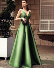Olive Green Satin V Neck Floor Length Dress
