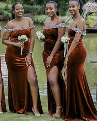 Mermaid Velvet Bridesmaid Dresses Beaded Off The Shoulder