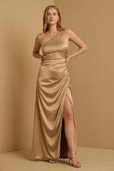 Weitese Formal Wear Dresses Sleeveless Satin One-shoulder Pleated Floor Length Bridesmaid Dress Stores With Prom Dresses With Side Slit