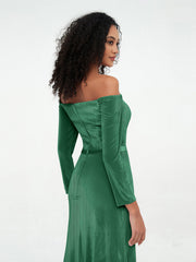 Off the Shoulder Long Sleeves Velvet Dresses Dark Green