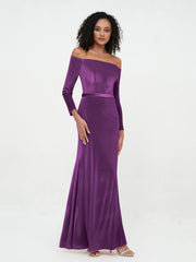 Off the Shoulder Long Sleeves Velvet Dresses Grape