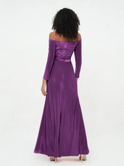 Off the Shoulder Long Sleeves Velvet Dresses Grape