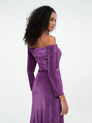 Off the Shoulder Long Sleeves Velvet Dresses Grape