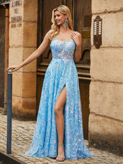 Sequined Flowers Decor Sweep Train Dress With Slit Blue