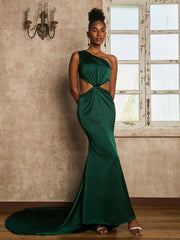 One Shoulder Ruched Waist Cut-Out Maxi Dress Dark Green