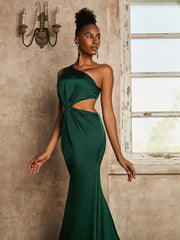 One Shoulder Ruched Waist Cut-Out Maxi Dress Dark Green