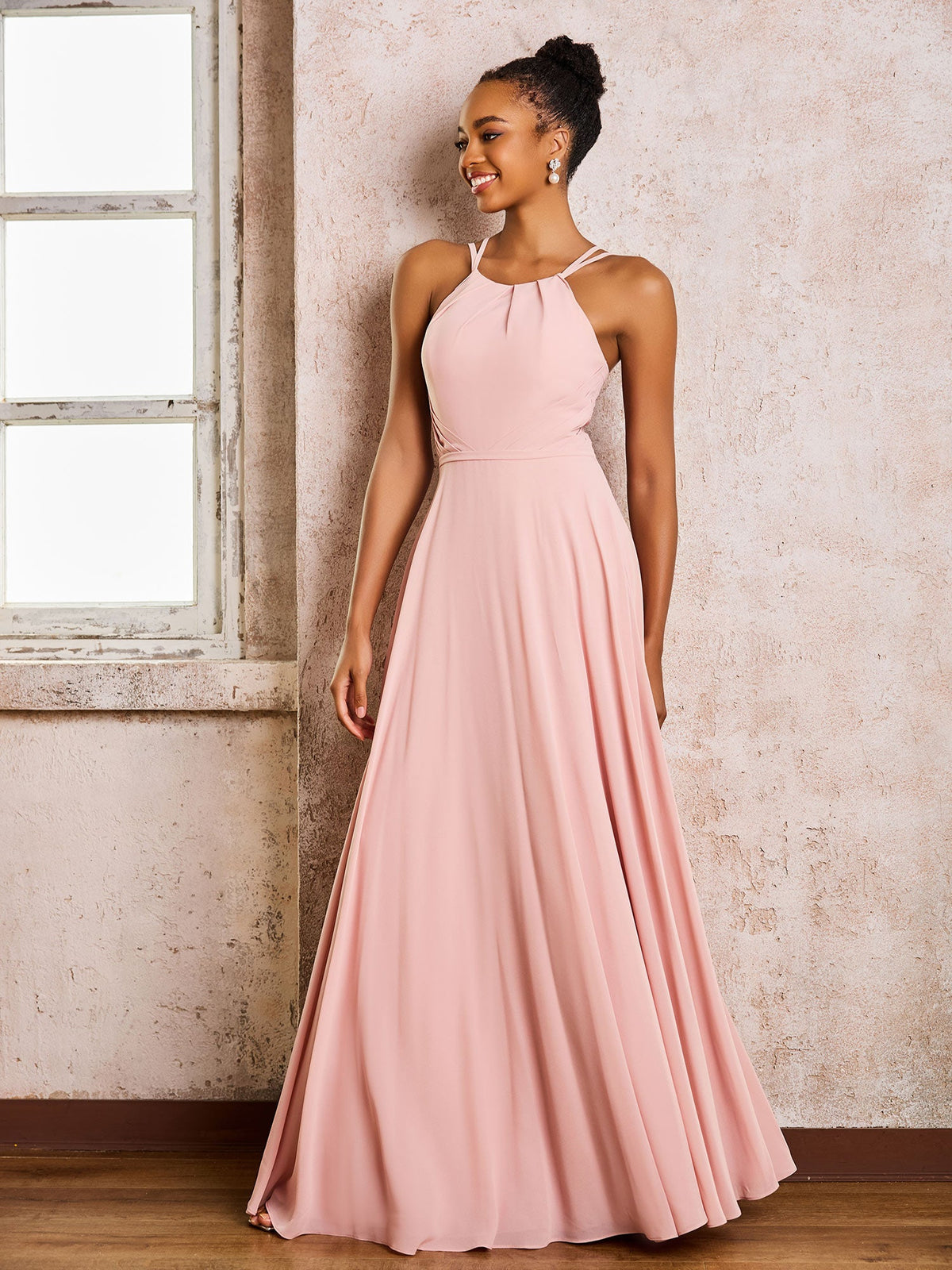 Chiffon Halter Floor-length Bridesmaid Dresses Dusty Rose