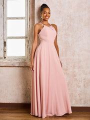Chiffon Halter Floor-length Bridesmaid Dresses Dusty Rose
