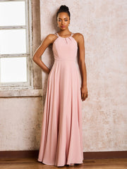 Chiffon Halter Floor-length Bridesmaid Dresses Dusty Rose