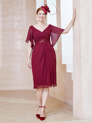 Flutter Sleeves V-neck Sequins Applique Decor Dress Burgundy