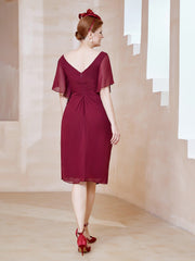 Flutter Sleeves V-neck Sequins Applique Decor Dress Burgundy