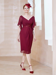 Flutter Sleeves V-neck Sequins Applique Decor Dress Burgundy